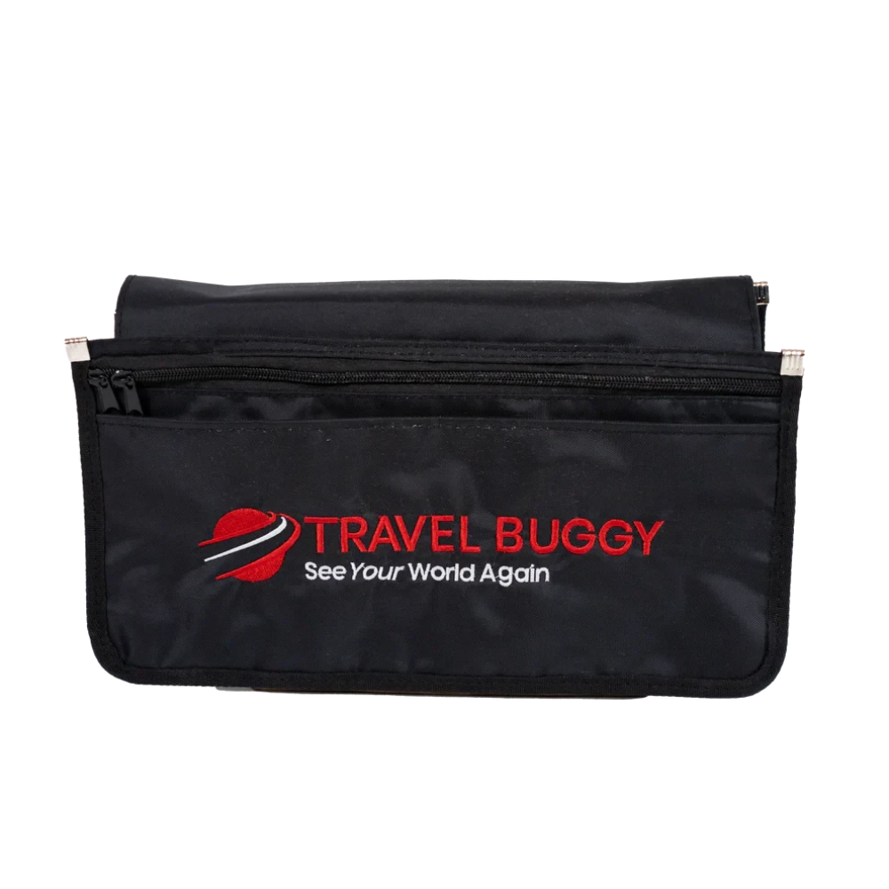 Front view of the Travel Buggy Multi-Pocket Armrest Organizer featuring the red logo on durable black fabric.